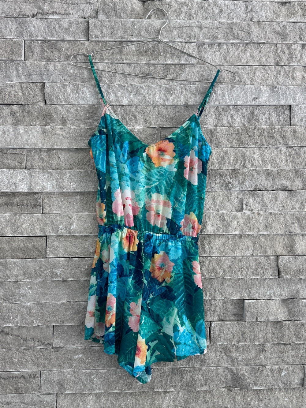 Show Me Your MuMu Teal Floral Romper with Pink & Yellow Accents
